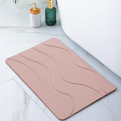 Pure 4Home - Stone Bath Mat | Badematte Stein | Diatomite Stone Bath Mat | 60cm x 39cm Stein Badematte Quick Dry | Seinmatte Badezimmer | Stone Quick Drying Mat (Waves Pink)