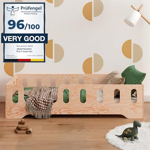 smartwood Lit au Sol Enfant avec Barriere - Lit Enfant 140x190 en Bois TILA 2L - Sommier Montessori avec Montage Rapide - Protège Contre Les Chutes - Charge Max 300 kg