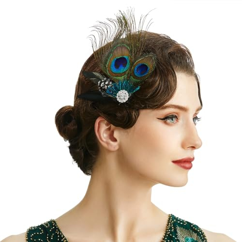 Johiux Pfau Kostüm Damen und Kinder Pfauenfedern Haarschmuck,1920er Pfauenfeder Haarspange Pfauenfeder Kopfstück,20er Jahre Accessoires Damen,Mardi Gras, Halloween Show Party Kopfbedeckung. (Style 2)