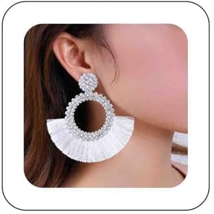 Dervivea Bohemia White Tassel Dangle Earrings Rhinestone Circle Drop Earrings Ethnic Tassel Drop Earrings Large Fan Fringe Earrings Tassel Statement Earrings Jewelry For Women And Girls