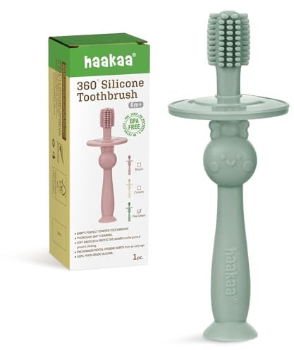 haakaa Brosse à dents à 360° pour bébé avec base d'aspiration - Nettoyage doux pour entraînement auto-brossant les nourrissons - Silicone de qualité alimentaire - Bouclier de sécurité réglable - Vert