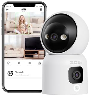 ZOSI Cámara Vigilancia WiFi Interior con Enchufe para Bebé/Mascota, 3MP Lente Pan y Tilt + 3MP Lente Fija, 2,4G/5G WiFi, Seguimiento de Persona, Llamada por Gesto Ok, Visión Nocturna en Color, C528D