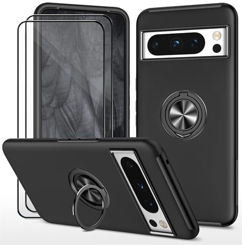 Dechyi Coque pour Google Pixel 8 Pro (6.7) et 2 pièces Verre trempé Housse Etui Support de Bague résistant aux Chocs résistant aux Rayures PC Silicone Heavy Duty Robuste Durable-Noir
