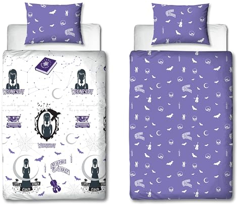Character World Wednesday - Set copripiumino per letto singolo, design destinato, reversibile, 2 lati, prodotto ufficiale, con federa coordinata, trapunta per letto singolo viola e bianco