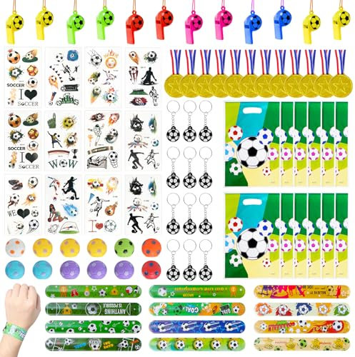 TAIXING 84 Stück Fußball Party Mitgebsel Kinder, Fußball Mitgebsel Kindergeburtstag mit Schlüsselanhänger, Schnapparmband, Fußball Fidget Spinner, Trillerpfeife, Tattoos für Kinder Jungen Mädchen