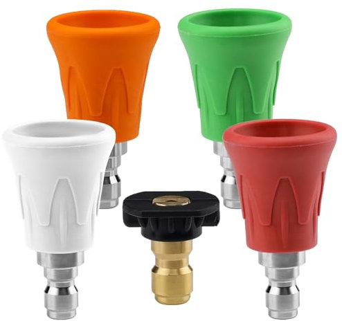 BELEFU 5 Pieces Pressure Washer Nozzle Guard, Car Pressure Washer Tips with Rubber Protector & 1/4 Quick Connect, 0/15/25/40 Degree and Soap Pressure Washing Nozzle Tips Replacement, 3.0 Orifice