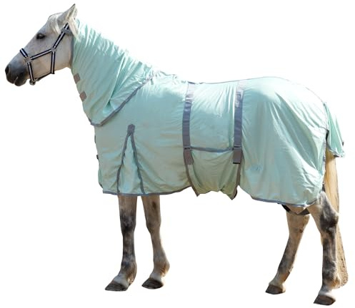 Gallopoff Fliegendecke Pferde mit Halsteil – atmungsaktive Sommerdecke mit UV-Schutz und Scheuerschutz, Verstellbarer Brustverschluss, Bauchgurte, Beinschnüre und Schweiflatz Green 135 cm