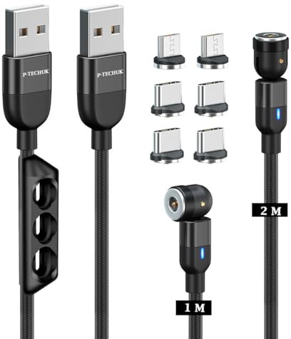 P-TECHUK 540° Rotating Magnetic 3 in 1 Charging Cable, Phone Magnetic Charging Cable, USB Charger Cable. (1M 2M cables, 6 x tips) A15 (Black)