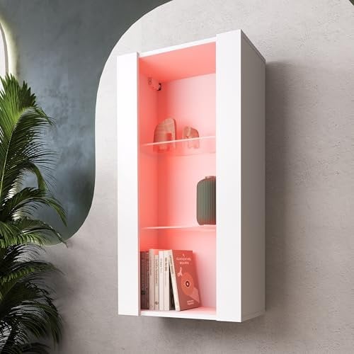 Komodee, Hängende Vitrine Schrank Tivoli, Weiß/Weiß, Breite 50cm x Höhe 100cm 50cm x Tiefe 29cm, LED RGB, 2 Regalböden, für Wohnzimmer, Schlafzimmer, Eingang