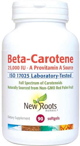 NEW ROOTS HERBAL Beta-Carotene 25,000 IU Supplements | Provitamin A | 90 Softgels | Full Spectrum Carotenoids | Naturally Sourced from Non-GMO Red Palm Fruit + Organic Flax Seed Oil