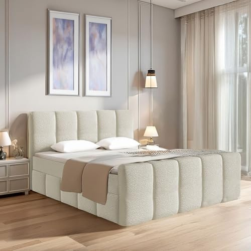 Juskys Boxspringbett Manitoba 180 x 200 cm - Modernes Design mit Bouclé-Stoff, Gepolstertes Kopfteil, Inkl. Topper - Beige