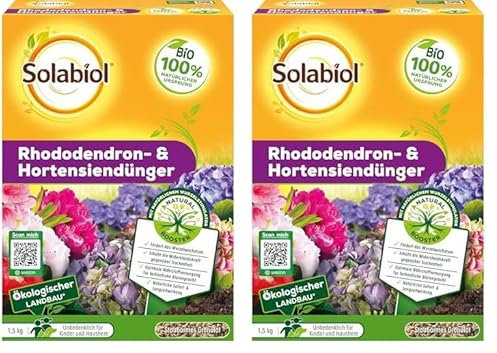 Solabiol Rhododendron- & Hortensiendünger, Spezialdünger mit Sofort- und Langzeitwirkung für Rhododendron, Hortensien und andere Moorbeetpflanzen, 1,5 kg, gelb (Packung mit 2)