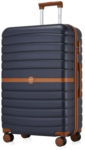 KONO Großer Koffer Trolley Leichte 94L ABS+PC Hartschalenkoffer XL | 360°Leise Doppelrollen, Sicheres Zahlenschloss, Viel Stauraum, Für 2–3 Wochen Reisen und Familienurlaub, Dunkelblau/Braun