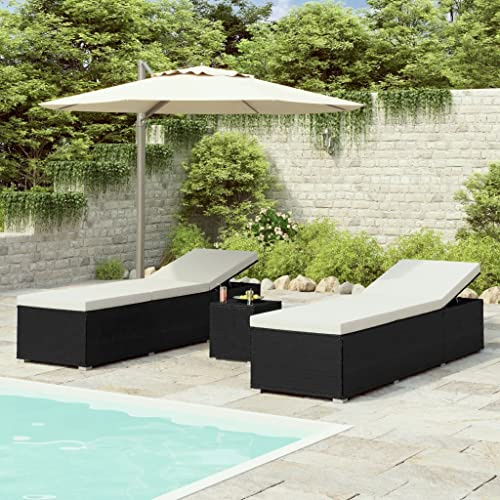 Emmtore 3-TLG. Garten-Sonnenliegen mit Teetisch Poly Rattan Sonnenliege Gartenliege Gartenmöbel Liege Beistelltisch Relaxliege Strandliege Liegestuhl Freizeitliege Schwarz