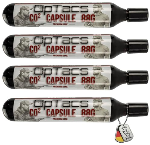 OpTacs 88g CO2 Kapsel 4er Set – CO₂-Kartusche für Luftdruckwaffen, Airsoft, Paintball – Gewinde M16x1,5 – langanhaltend & präzise