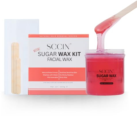 SCCIN Natural Rose Extract Sugar Wax Hair Removal Kit 450g, 20 Washable Strips & 4 Wooden Spatulas, Microwavable Wax Pot for Face and Body Waxing. Formula for Sensitive Skin Waxing.