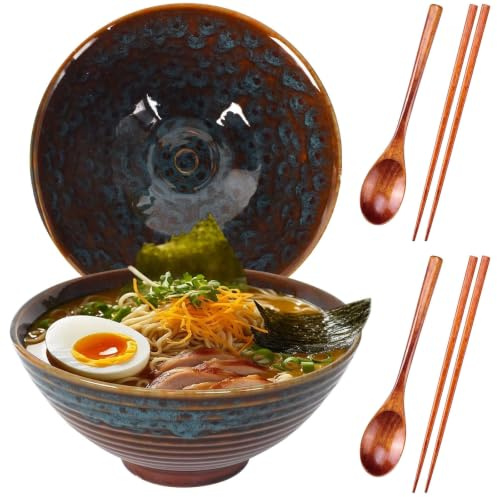 DecorDwell Lot de 2 Bols à Ramen en Céramique de 1200ml avec Baguettes et Cuillères, Bol Japonais vintage, 20 x 20 x 8.5cm Bol en Céramique pour Ramen, Salade, Céréales, Pâtes (Bleu)