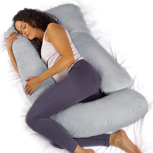 Aamira J Shaped Pregnancy Pillow, Memory Foam, Velvet Cover, Light Grey | 140 x 70 x 20cm maternity pillow with shredded memory foam, full-body J-shape support and removable machine-washable cover.