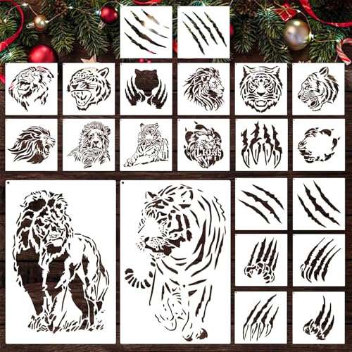 Lot 22 Pochoirs Tigre Réutilisables Pochoir Peinture Animal Grand Félin Tête de Tigre et Empreintes Pochoirs Plastique pour Bois Mur Toile DIY Dessin Décoration Bricolage