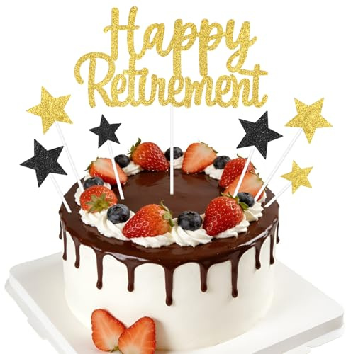 Happy Retirement Cake Topper, Glittery Gold and Black Stars Decoration, Perfect for Men Women Retirement Party Cake Decorations