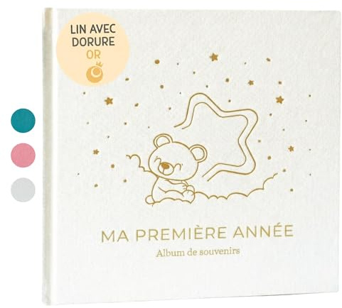 Livre de Naissance Bébé Ma Première Année avec Couverture en Lin naturel et 75 Pages + Autocollants, Livre Souvenir Bébé pour Coller des Photos et Écrire, Album Photo Bebe idéal comme Cadeau Naissance