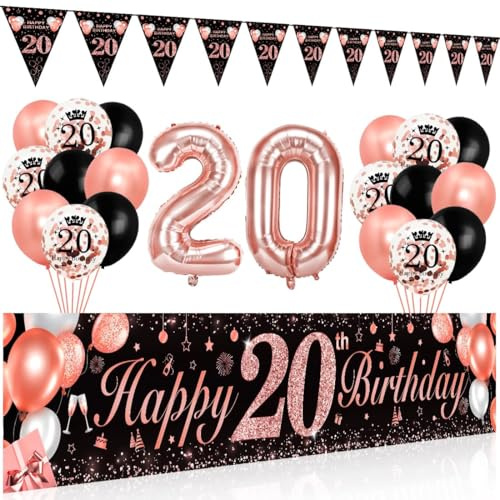 Luftballon 20. Geburtstag Schwarz Rosegold, 20. Geburtstag Deko Frauen, Banner 20, Happy Birthday Girlande, Konfetti Luftballons, Geburtstagsdeko für 20 Jahre