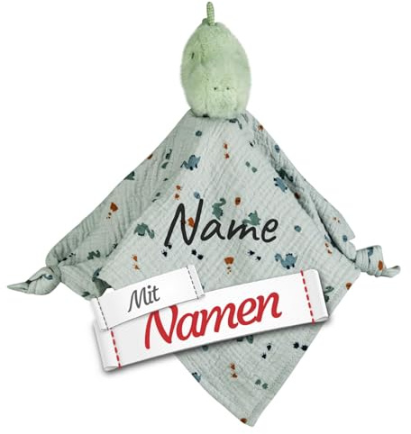 LALALO Sterntaler Schmusetuch Baby personalisiert Dino Rexi, Bestickt | Schnuffeltuch Dinosaurier, mit Namen, Babygeschenk zur Geburt, Taufgeschenk für Jungen und Mädchen, Kuscheltuch als Tröster