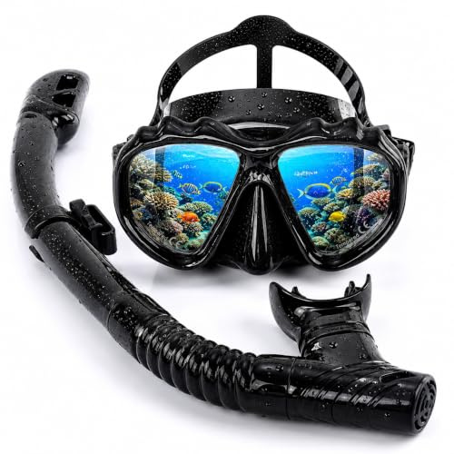 HEEFEN Maschera Subacquea Adulti e Boccaglio - 180° Panoramica Maschera Snorkeling, Vetro Temperato, Maschera Subacquea Professionale in Silicone Liquido con Tubo Dry Top (Nero)