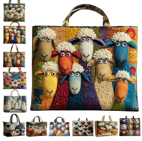 Generisch Tragetasche mit Schaf, Handgefertigt Schaf Tasche Lustige Schafmotiv Stickerei Gesteppte Einkaufstasche fur Tierliebhaber, Gepolstertem Griff