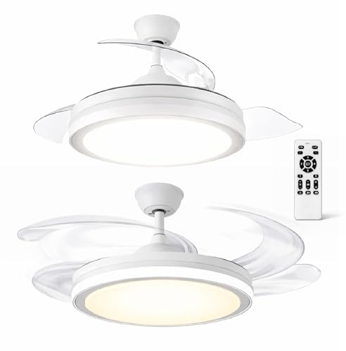 TIENDA EURASIA - Ventilador de Techo con Luz LED 96+28W, 4 Aspas Retráctiles, 6 Velocidades, 3 Tonos de Luz, Temporizador, Mando a Distancia, Bajo Consumo, Diseño Moderno para Estancias 15-20 m²