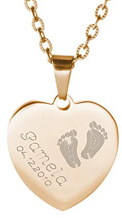 Mondgold Halskette aus Gold-Edelstahl mit Herz Anhänger und Gravur mit Kinder Füßchen, Personalisiert mit Namen und Datum, Mädchen Schmuck