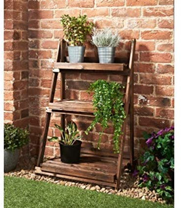 CrazyShop1 Beautiful 3 Tier Solid Burntwood Folding Plant Stand Shelves Garden Wooden Flower Pot Display Ladder