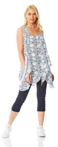 Roman Originals Women Sleeveless Crinkle Tunic Top - Ladies Casual Everyday Spring Summer Holiday Beach Travel Round Neck Waterfall Front Printed Flowy Longline Tunic Tops - Ivory - Size 10