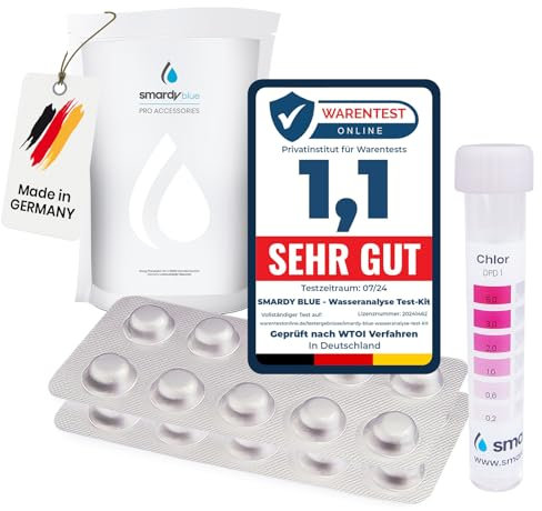 SMARDY 40 Rapid Testtabletten für Trinkwasser Aquarium Pool - 20x Phenol Red (pH-Wert) & 20x DPD1 (Freies Chlor) Schütteltester Tabletten mit 1x Reagenzglas aus Kunststoff