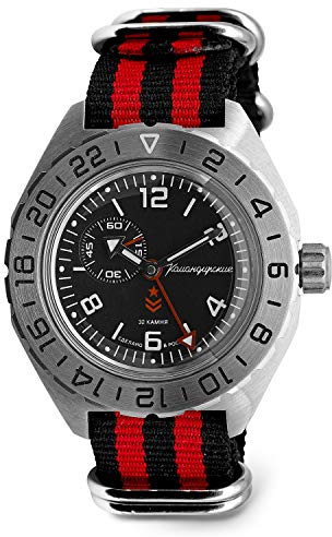 VOSTOK Komandirskie K-65 GMT 24-Stunden-Zifferblatt, automatische selbstaufziehende russische Militär-Taucheruhr,WR 200 m,Modell 650539,Mode,Business,Casual Herrenuhren, schwarz,rot, selbstaufziehend