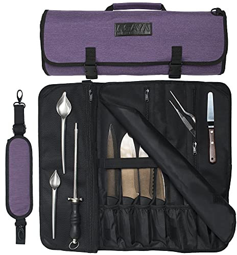 Asaya - Chef's Knife roll Bag, 20 Pockets Total, Stain Resistant Waxed Nylon, Knives not Included, Berry, Travel