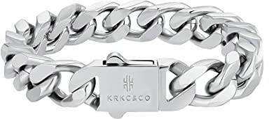 KRKC&CO 12mm Cuban Armband Herren, Weißgold beschichtet Panzerkette Cuban Link Armband, Kubanische Gliederarmband Cuban Chains, Herren Silber Armband Edelstahl, Hip Hop Armband für Herren Jungen 22cm
