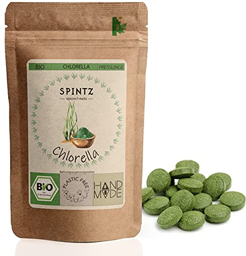 SPINTZ® 1000 Stk. Bio Chlorella Bio Presslinge 100% kontrolliert biologischer Anbau | Vegane Chlorella Tabletten 500mg/Tab | Plastikfrei und nachhaltig verpackte Chlorella Tabletten