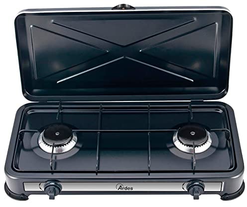 ARDES | AR1FG02 Fornello a Gas da Esterno GPL Cucina a Gas Portatile per Campeggio 2 Fuochi Con Coperchio In Acciaio Verniciato Nero