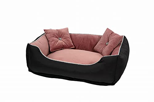 Antistress Hundebett warm mit hoher Rand - Körbchen Hund für groß Katze oder Hunde Bett aus Samt - Luxus Hundecouch für mittlere Hunde Vintage Shabby Hundekorb waschbar Rosa im Größe S 65x45cm