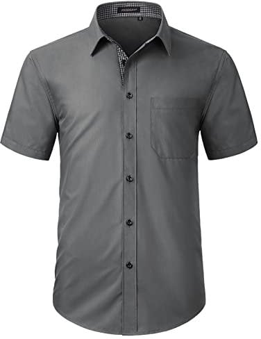 HISDERN Men's Short Sleeve Grey Shirt Regular Fit Formal Casual Button Down Business Shirt with Chest Pocket,L