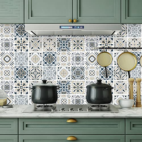 Tile Stickers Beige Navy Blue Vintage Stick on Tiles PVC Self Adhesive Wall Tiles Home Decoration DIY Stick on Wall Tiles Peel and Stick Floor Tiles Tile Stickers for Bathroom Kitchen 50x100cm/4 pcs