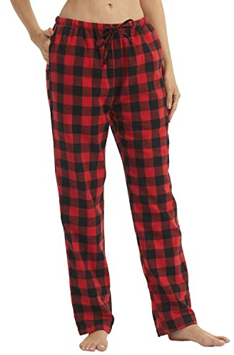 LNFINTDO Womens Pyjama Bottoms with Pockets Flannel Plaid Lounge Pants | Ladies Pajama Trousers,Classic Cotton Checked,Elastic Drawstring Waist,Winter Warm Pjs Pants,for Christmas Holiday Wear