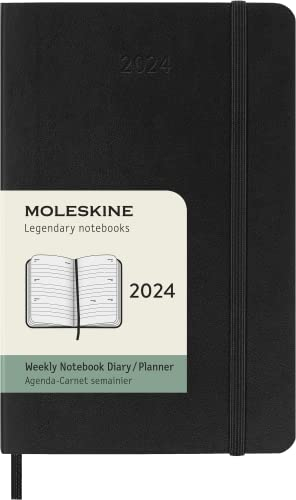 Moleskine Agenda Settimanale Orizzontale 12 Mesi 2024, Agenda 2024, Formato Pocket 9x14, Copertina Morbida e Chiusura Elastica, Colore Nero