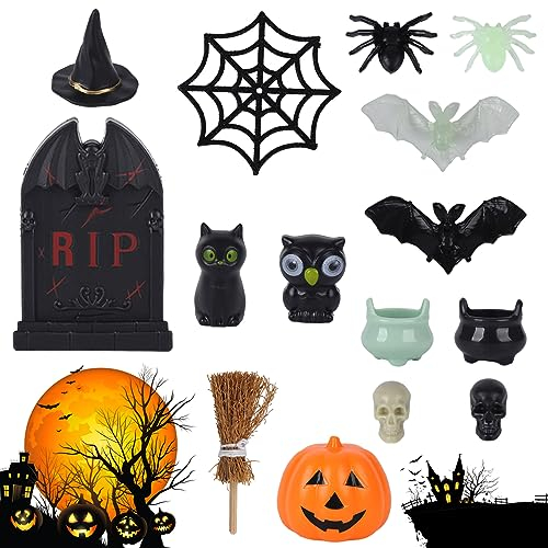 Gukasxi 31 Pcs Halloween Mini Ornamente Dekoration, Kunststoff Halloween Geist dekorative Ornamente, realistische Schädel Hexe Hut Hexe Kessel Tiegel Glas Spinne Fledermäuse Besen für Halloween Party