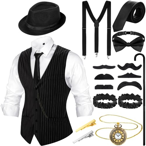 Blulu 1920er Jahre Herren Kostüm Accessoires Set Gangster Weste Fedora Hut Hosenträger Spielzeug Taschenuhr Gehstock 20er Jahre Outfit Kleidung für Männer 1920er Herren Zubehör (Schwarz Weiß, M)