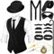 Blulu 1920er Jahre Herren Kostüm Accessoires Set Gangster Weste Fedora Hut Hosenträger Spielzeug Taschenuhr Gehstock 20er Jahre Outfit Kleidung für Männer 1920er Herren Zubehör (Schwarz Weiß, M)