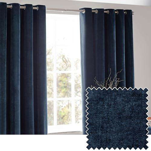 Yard Heavy Chenille Eyelet Curtain Pair (Navy, 168 x 183 cm) | Lined Room Darkening, Soft Velvet Home Décor