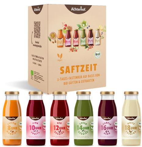 Saftzeit 1-Tages-Fastenkur Bio | 6 Flaschen mit abgestimmten Frucht- und Gemüsesäften verfeinert mit Kräutern, Gewürz- oder Blütenextrakten | fruchtig-süß im Geschmack | vom Achterhof