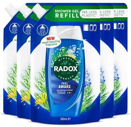Radox Mineral Therapy 2-in-1 Shower Gel & Shampoo Refill Pouch Feel Awake with Nature Inspired Fragrance Body Wash Refill for Men and Women Blended with Sea Minerals & Fennel 500ml, 5 Pack